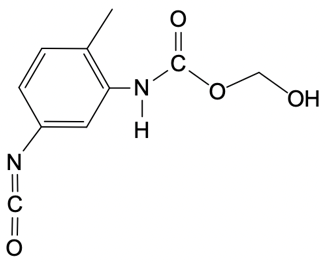 Chemical structure of a monomer formed from toluene diisocyanate and ethylene diol.