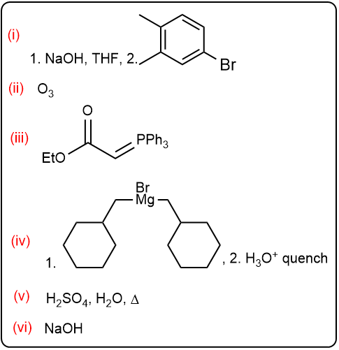 Stepwise chemical reagents and structures for a multistep organic synthesis with labeled steps (i) to (vi).