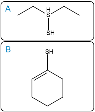 Structures of 1,2-diethyldisulfide and cyclohex-3-ene-1-thiol for naming thiols.