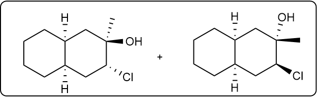 Reaction depicting the formation of halohydrin with Cl2 and H2O, yielding products with OH and Cl.