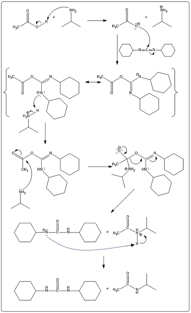 Detailed reaction mechanism showing steps in organic synthesis with various intermediates.