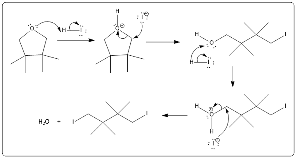 Visual representation of ether cleavage mechanism with electron flow and water as a product.