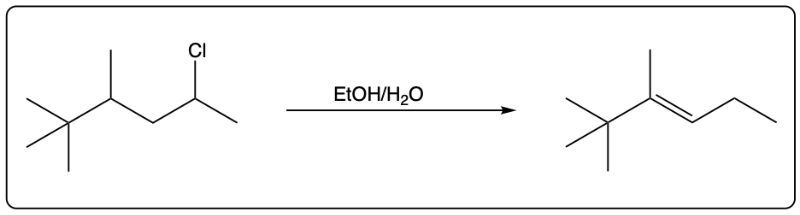 Chloroalkane reacting with EtOH/H2O to yield a different alkene in an elimination reaction.