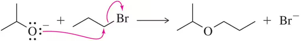 Reaction mechanism showing the formation of an anion and bromide ion, with arrows indicating electron movement.