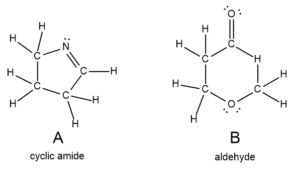 Lewis structures of a cyclic amide and an aldehyde.