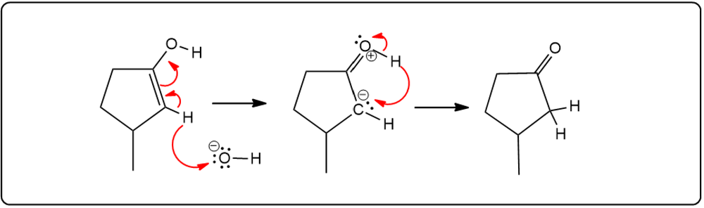 Mechanism of enol to carbonyl transformation with electron movement arrows.