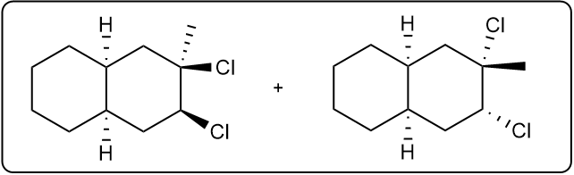 Reaction showing the addition of Cl2 to a compound, forming two products with chlorine atoms.