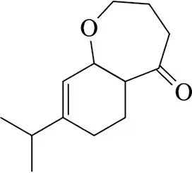 Chemical structure of a bicyclic compound with a six-membered ring and an oxygen-containing seven-membered ring.