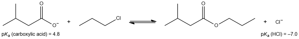 Chemical reaction showing acid-base equilibrium with pKa values for carboxylic acid and HCl.