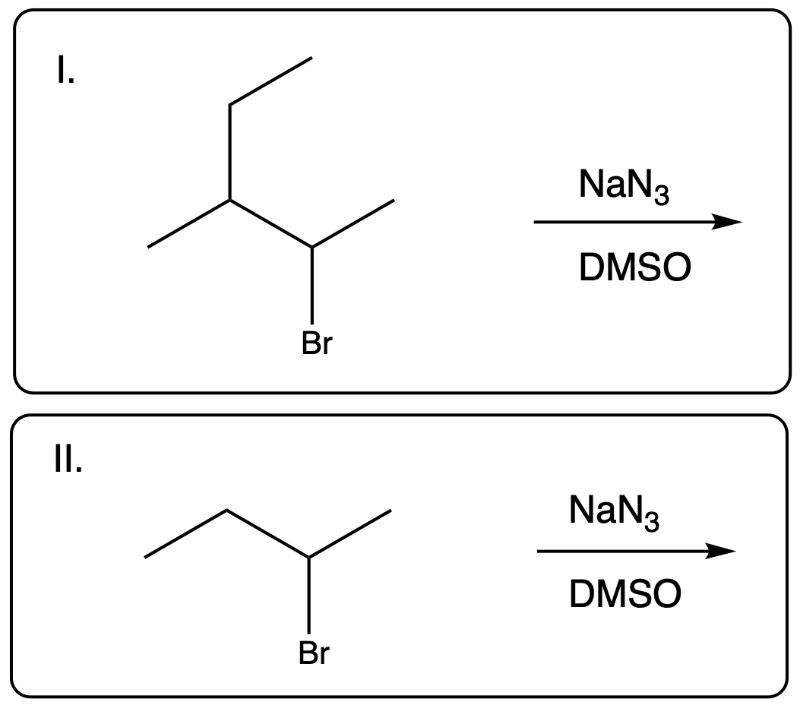 Flowchart comparing two reactions for elimination versus substitution in organic chemistry.