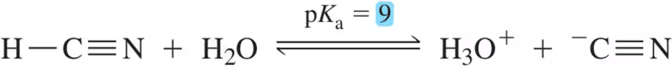 Chemical equation showing acid dissociation with pKa value of 9, illustrating equilibrium between acid and conjugate base.