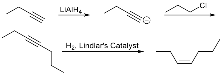 Stepwise chemical reaction showing conversion of but-1-yne to cis-hept-3-ene using LiAlH4 and Lindlar's catalyst.