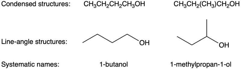 Condensed and line-angle structures for 1-butanol and 1-methylpropan-1-ol.