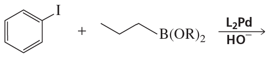 Chemical reaction diagram showing a phenyl iodide and a boronic ester with palladium catalyst and hydroxide.