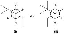 Newman projections comparing two conformations of alkanes for stability assessment.