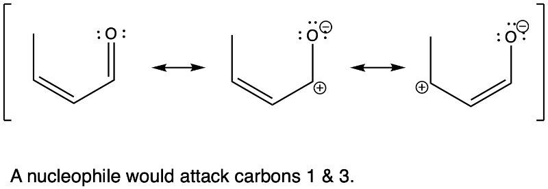 Three resonance structures with nucleophile attacking carbons 1 and 3.