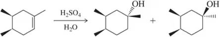 Chemical reaction diagram showing acid-catalyzed hydration with products and stereoisomers indicated.