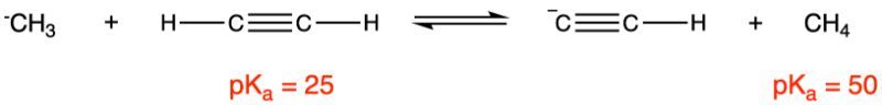 Chemical reaction showing acetylene and methyl anion with pKa values for acid-base equilibrium.