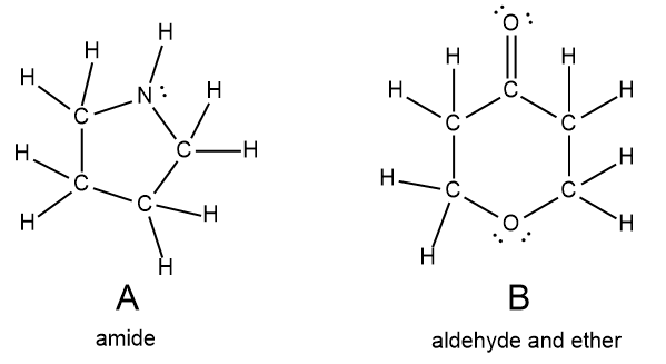 Lewis structures of an amide and an aldehyde with ether.