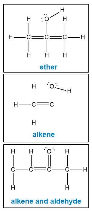 Lewis structures of ether, alkene, and aldehyde for organic chemistry.