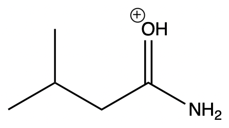 Structure of a carbocation with OH group and NH2, part of stability comparison.