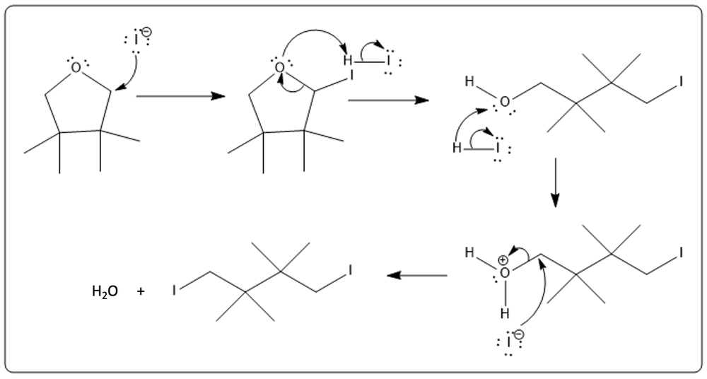 Detailed mechanism of ether cleavage showing electron movement and product formation with water.