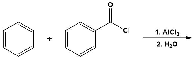 Chemical reaction diagram for Friedel-Crafts acylation with benzene and acyl chloride.