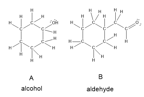 Lewis structures of two compounds labeled A and B, showing an alcohol and an aldehyde.