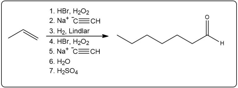 Reaction steps for synthesizing an aldehyde using alkynide synthesis.