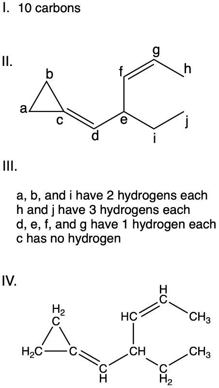 Skeletal structure with labeled carbons and hydrogen counts for 10 carbons.