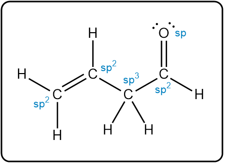 Annotated Lewis structure of 3-butenal indicating hybridization of atoms.