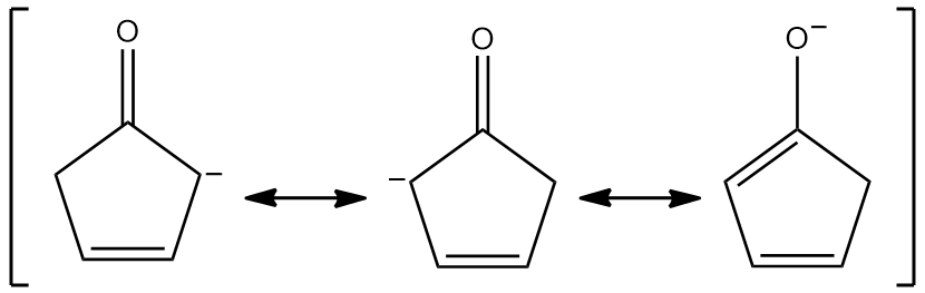 Three resonance structures of a compound with a hydroxyl group and a pentagonal ring, illustrating electron delocalization.