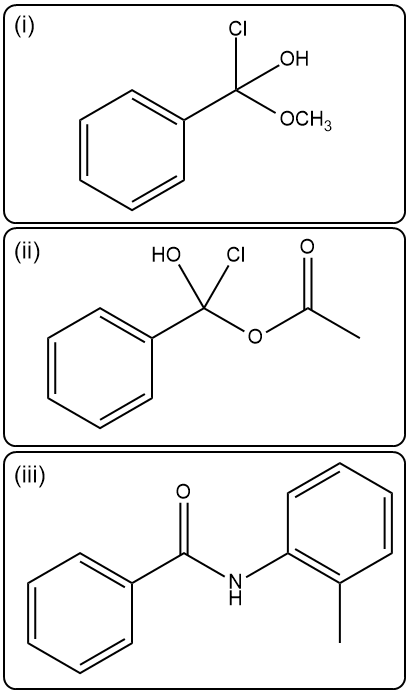 Structures of methanol, potassium acetate, and 2-methylaniline for nucleophilic acyl substitution.