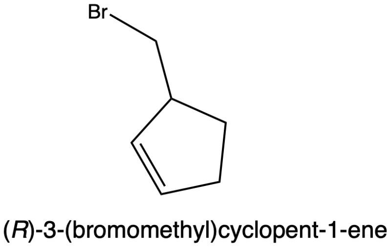 (R)-3-(bromomethyl)cyclopent-1-ene structure with bonds shown.