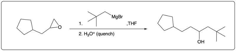 Synthetic scheme showing an epoxide reacting with MgBr in THF to form an alcohol.