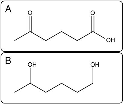 Structures of two organic compounds labeled A and B, showing hydroxyl and carbonyl groups.