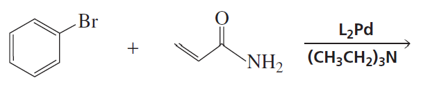 Chemical reaction diagram showing bromobenzene and an amide reacting in the presence of a palladium catalyst.