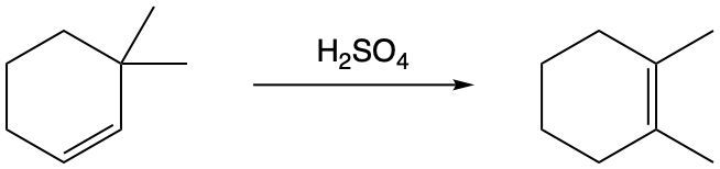 Reaction showing sulfuric acid isomerizing an alkene to a more stable form.