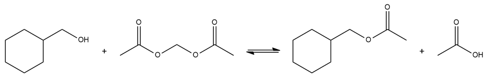 Reaction scheme illustrating cyclohexylmethanol and acetic anhydride forming cyclohexylmethyl acetate.