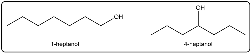 Structural formulas of 1-heptanol and 4-heptanol for comparing boiling points.