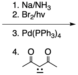 Reaction scheme with Na/NH3, Br2/hv, and Pd(PPh3)4 for synthesizing a compound from 1-pentyne.