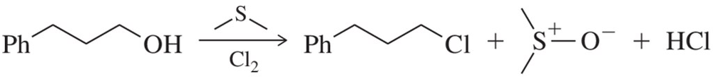 Arrow-pushing mechanism illustrating the conversion of an alcohol to a chloroalkane using dimethyl sulfide and chlorine.