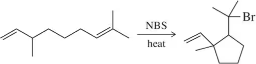 Chemical reaction showing allylic bromination with NBS and heat, resulting in bromine addition to a cyclohexene structure.