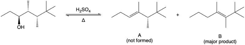 Chemical reaction showing dehydration with products A and B labeled.