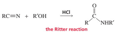 Chemical equation illustrating the Ritter reaction: nitrile and alcohol react with HCl to form an N-substituted amide.