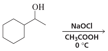 Chemical reaction diagram showing an alcohol reacting with sodium hypochlorite in acetic acid at 0°C.