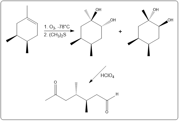 Ozonolysis reaction of an alkene followed by periodic acid treatment for carbonyl compound synthesis.