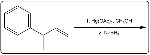 Reaction scheme for alkoxymercuration using Hg(OAc)2 and NaBH4 to form an ether.