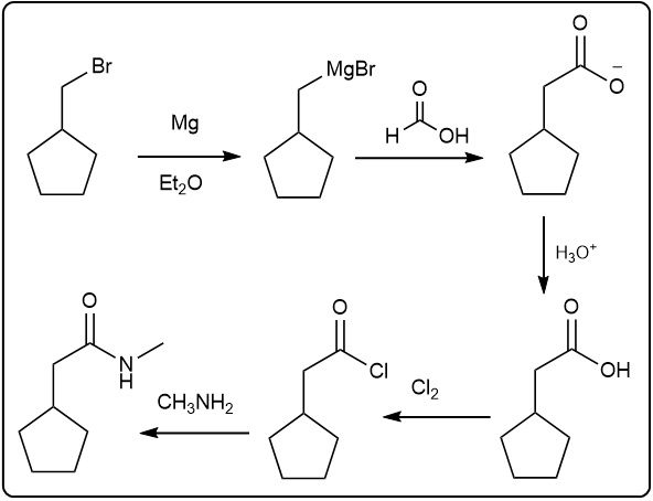 Another representation of the synthetic pathway for carboxylation with steps and reagents.