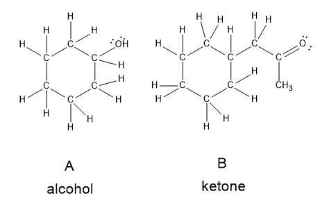 Lewis structures of two compounds labeled A and B, showing an alcohol and a ketone.